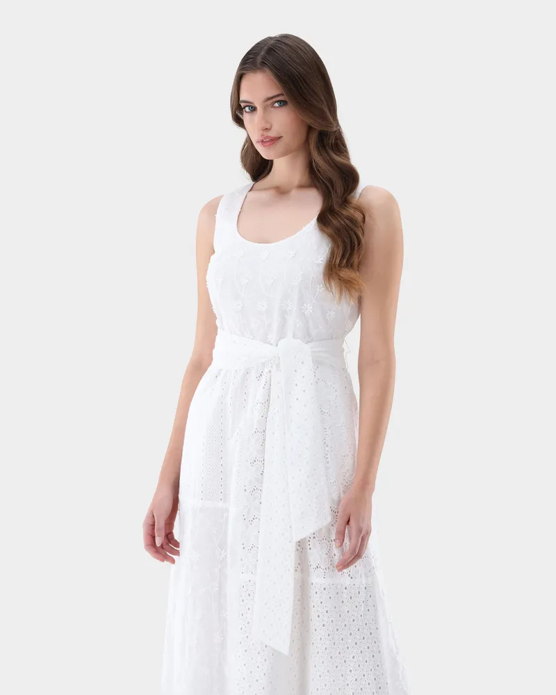 van Laack Ärmelloses Midi-Kleid mit Patchwork-Lochstickerei Weiß