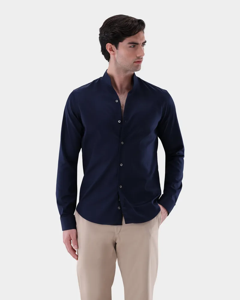 van Laack Stehkragenhemd aus bügelfreiem Twill Gewebe Blau