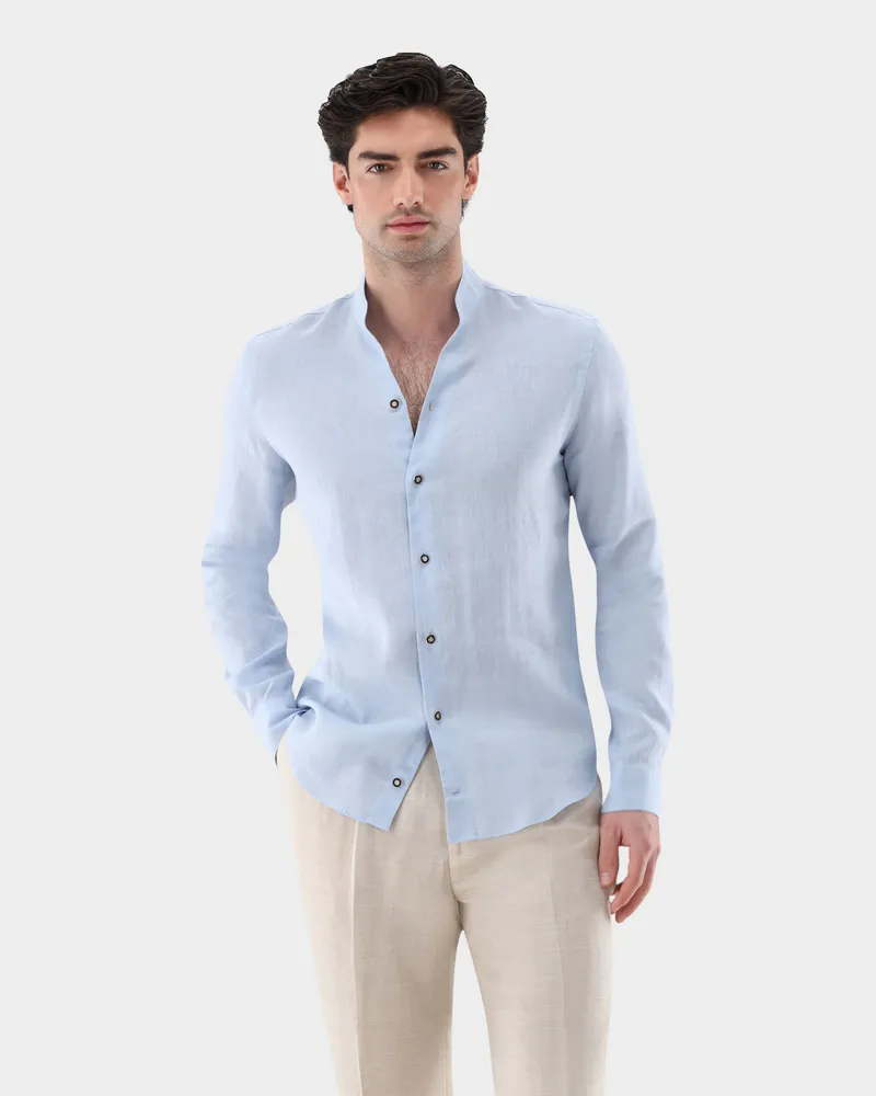 van Laack Stehkragen Hemd aus Leinen Blau