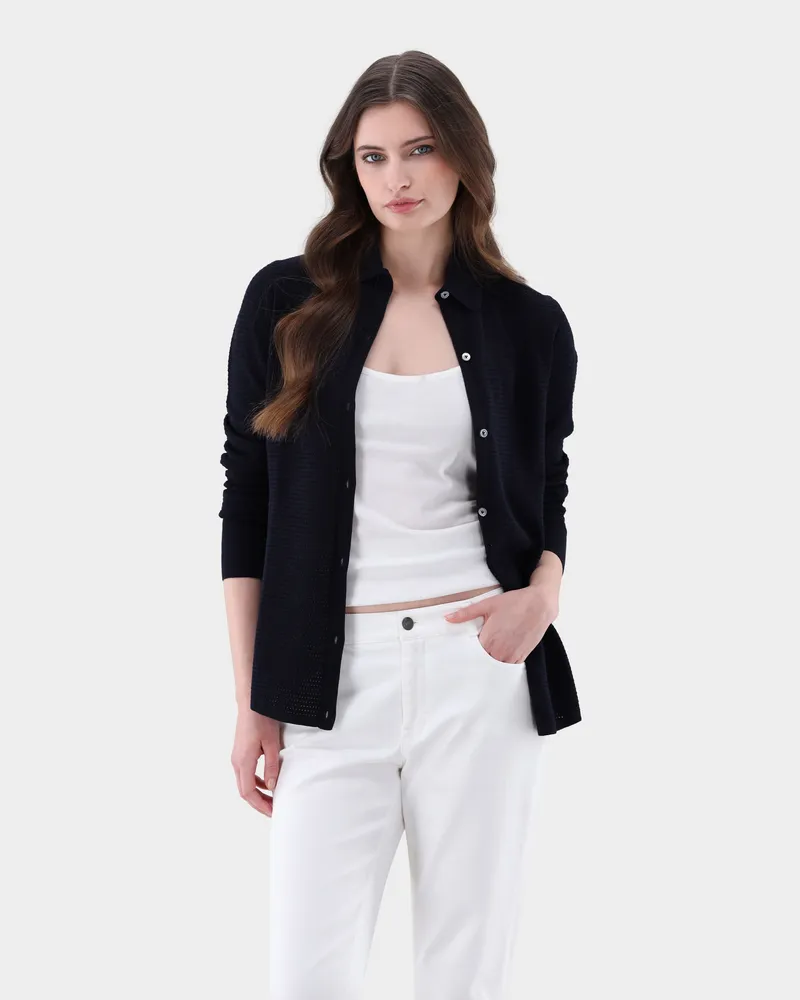 van Laack Bluse mit Retro Struktur aus Air Cotton Blau