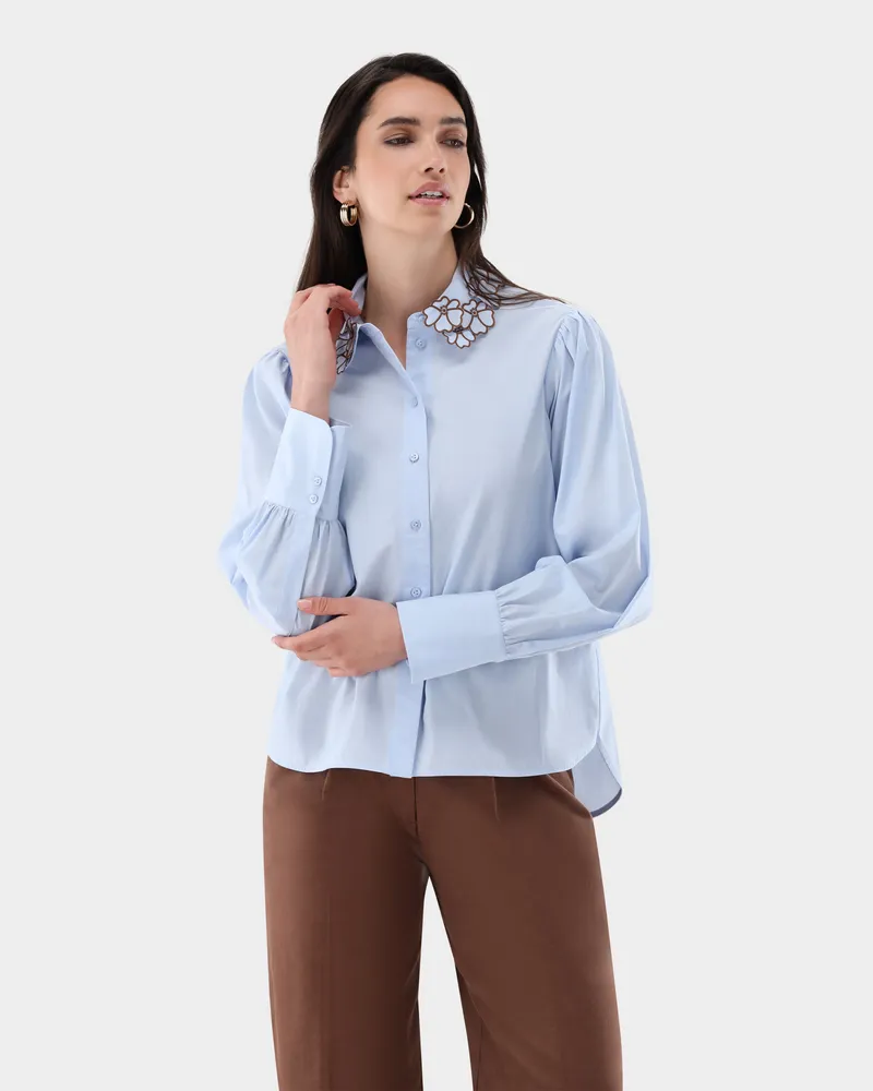 van Laack Cropped Hemdbluse mit Stickerei-Krage Blau