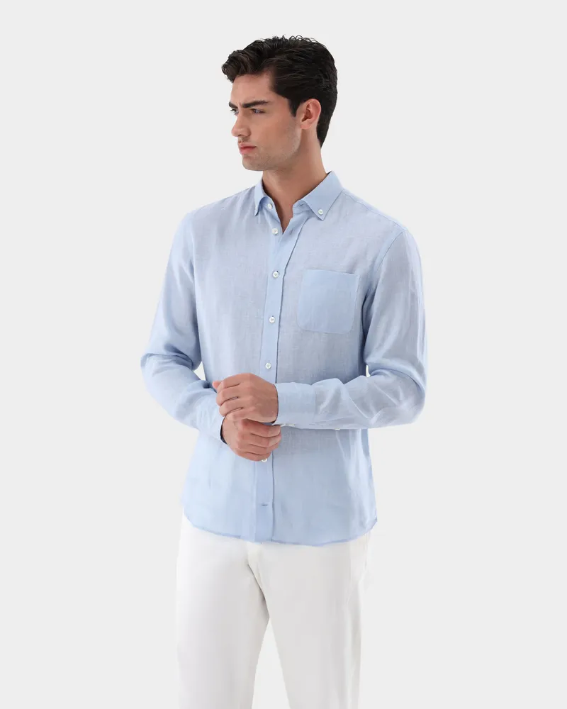 van Laack Leinenhemd mit Button Down Kragen Comfort Fit Blau