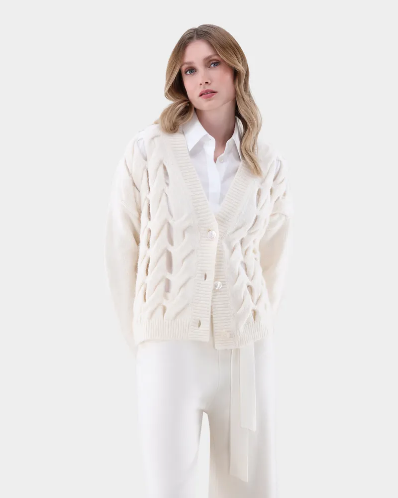 van Laack Strickjacke mit offenem Zopfstrickmuster Cremefarben