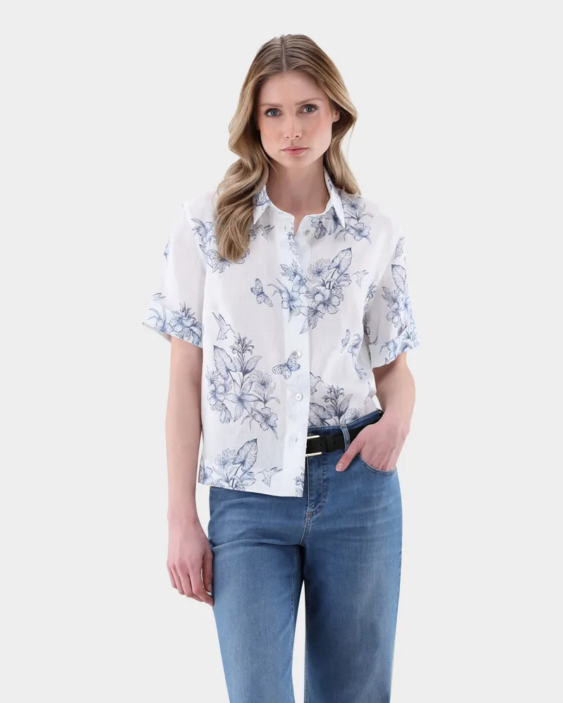 van Laack Kurzarm Hemdbluse aus Leinen mit Floralem Druck Weiß
