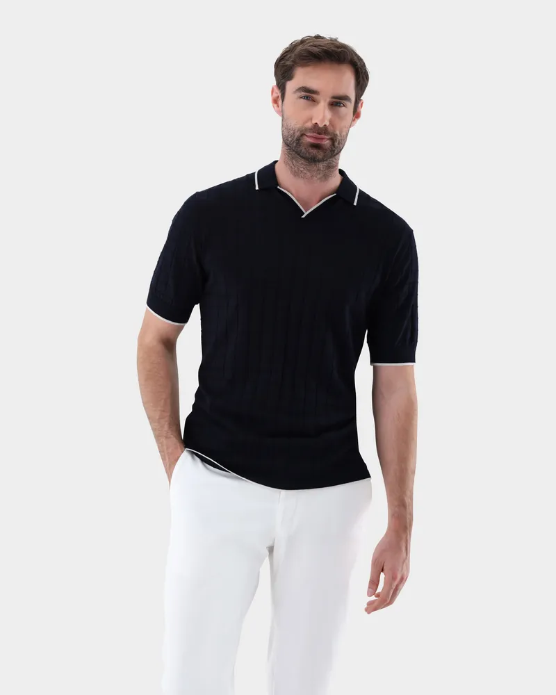 van Laack V-Neck Poloshirt mit Jacquard Karomuster Blau