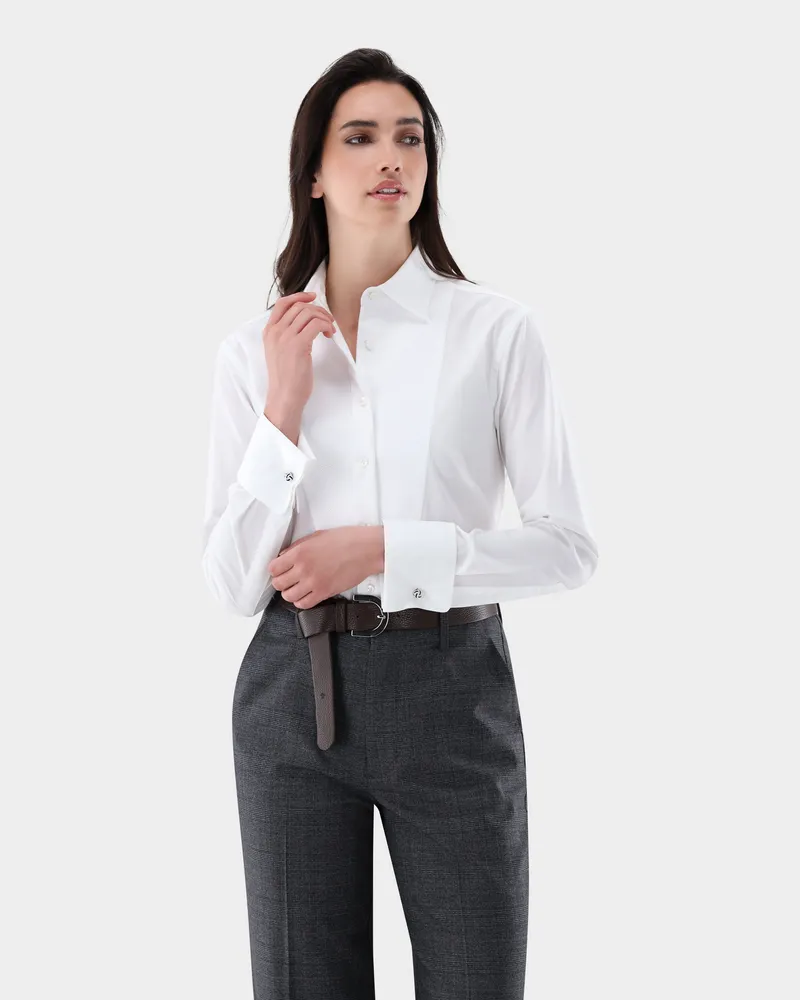 van Laack Hemdbluse mit Plastron und Doppelmanschette Weiß