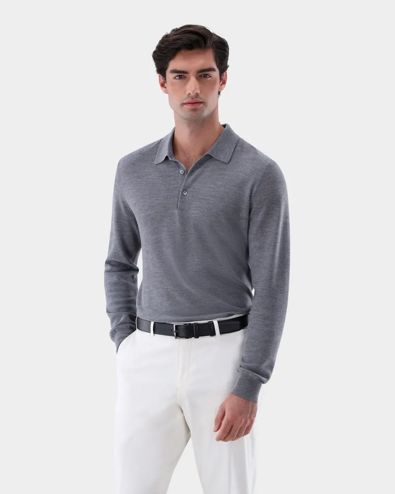 van Laack Poloshirt gestrickt mit Langarm un Reiskorn-Struktur Grau
