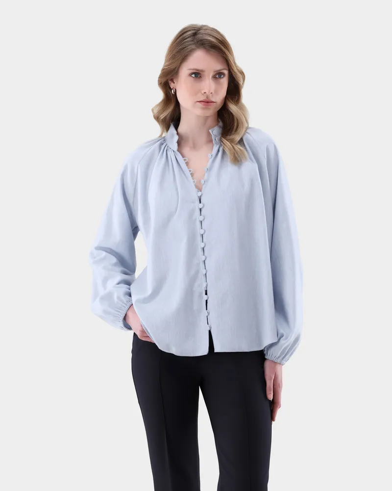van Laack Flanellbluse mit Stehkragen Blau