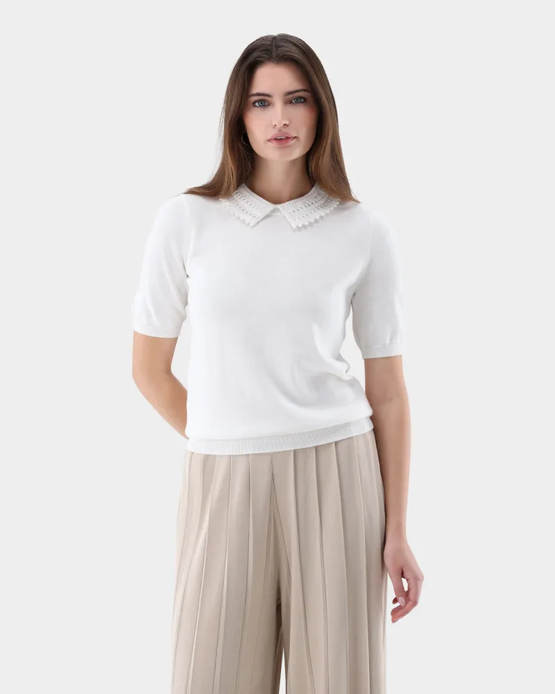 van Laack Strick Poloshirt mit Häkel-Kragen Cremefarben