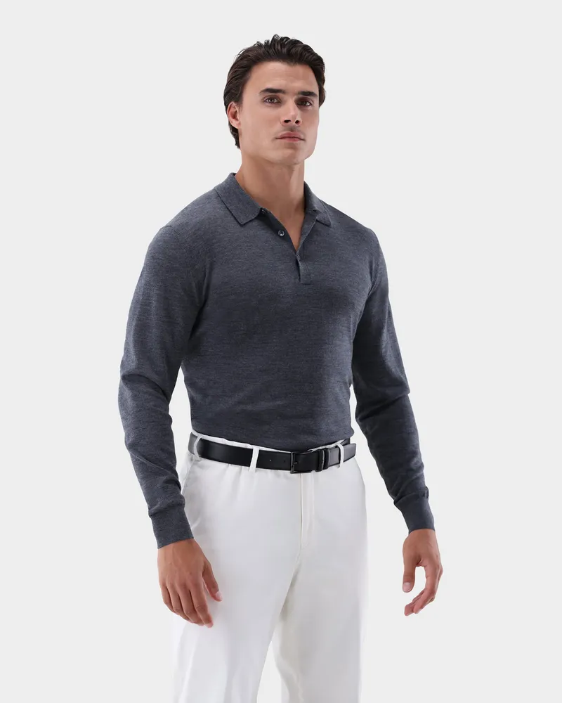 van Laack Strick Poloshirt langarm aus ultrafeiner Merinowolle Grau