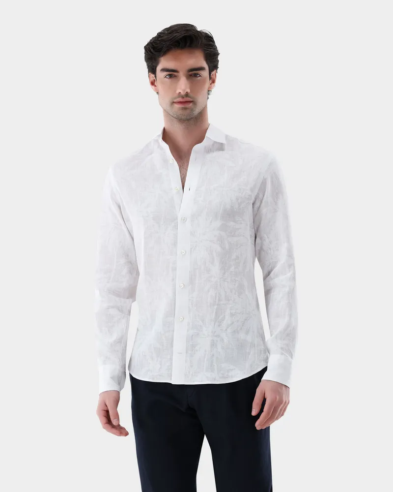 van Laack Leinenhemd mit Ton-in-Ton Druck Tailor Fit Weiß