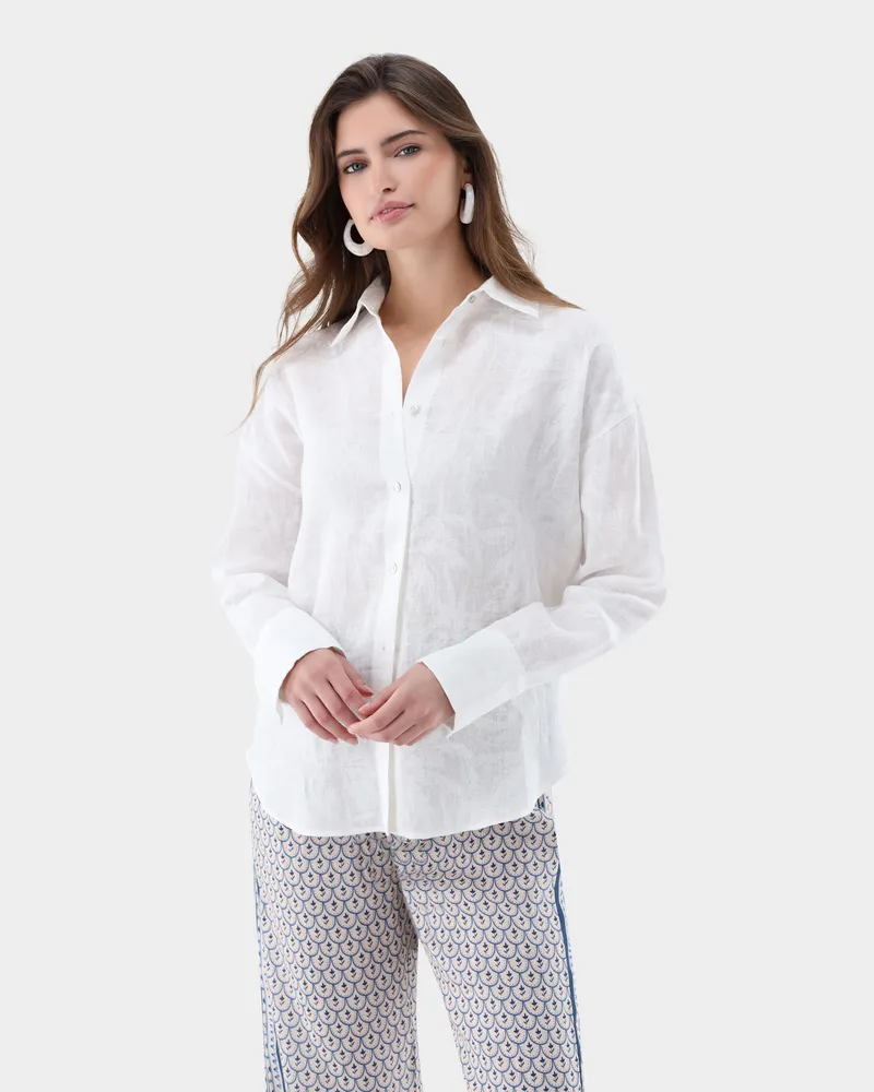 van Laack Hemdbluse aus Leinen mit Ton-in-Ton Palmendruck Weiß