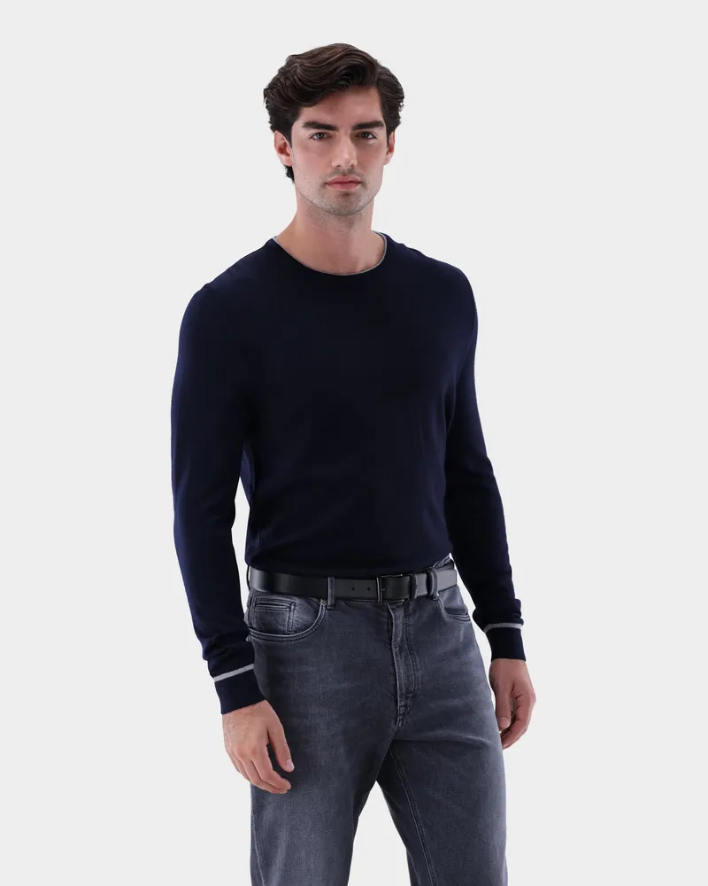 van Laack Rundhalspullover aus merzerisierter Merinowolle mit Farbdetail Blau