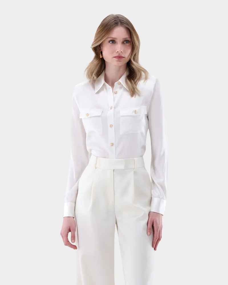 van Laack Taillierte Hemdbluse aus Seide mit Brusttaschen Cremefarben