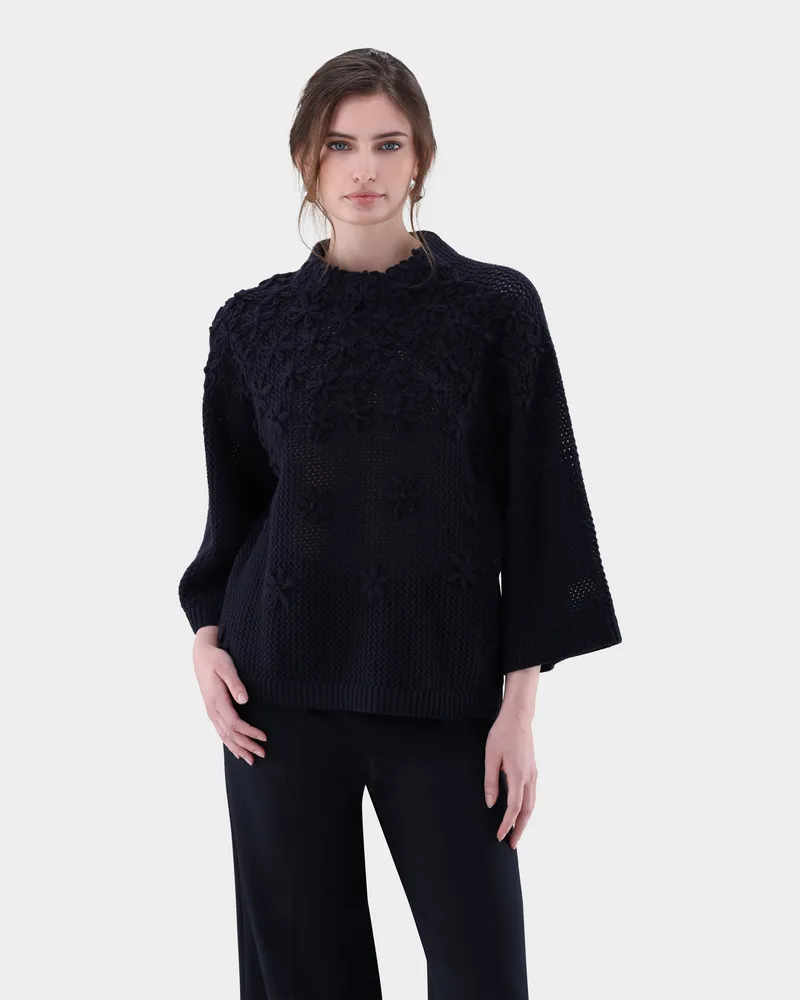 van Laack Pullover mit 3D-Muster und Stehkragen Blau