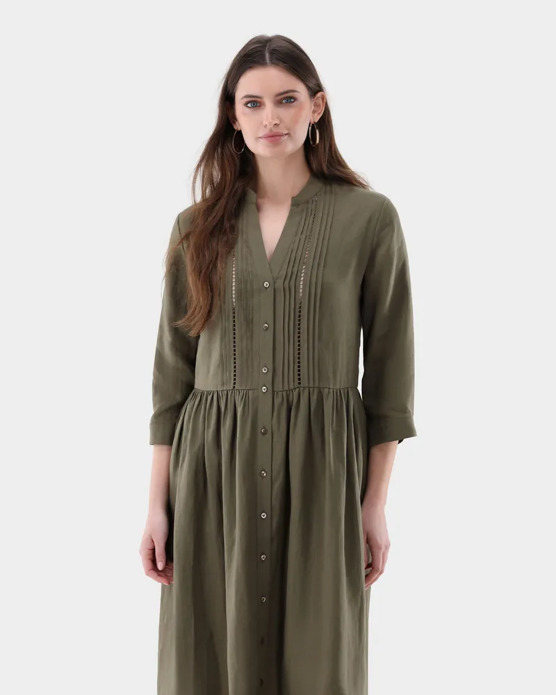 van Laack Midikleid aus Leinen mit Lochstick-Details Grün