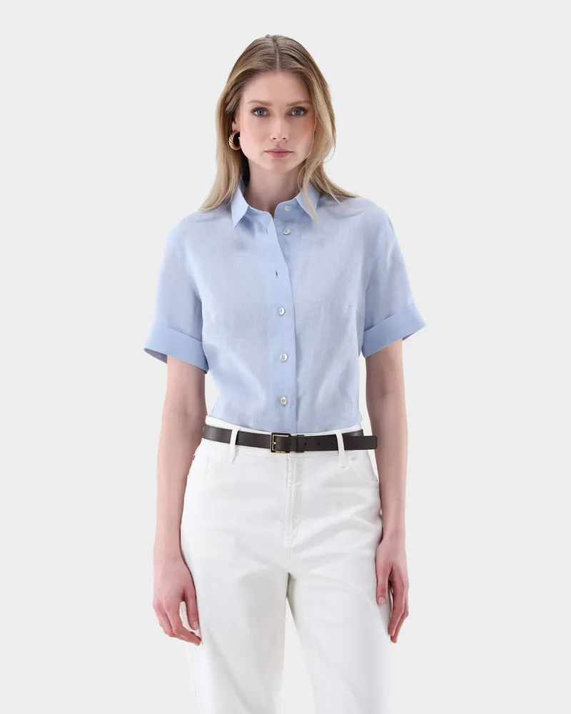 van Laack Kurzarm Hemdbluse aus Leinen Boxy Fit Blau
