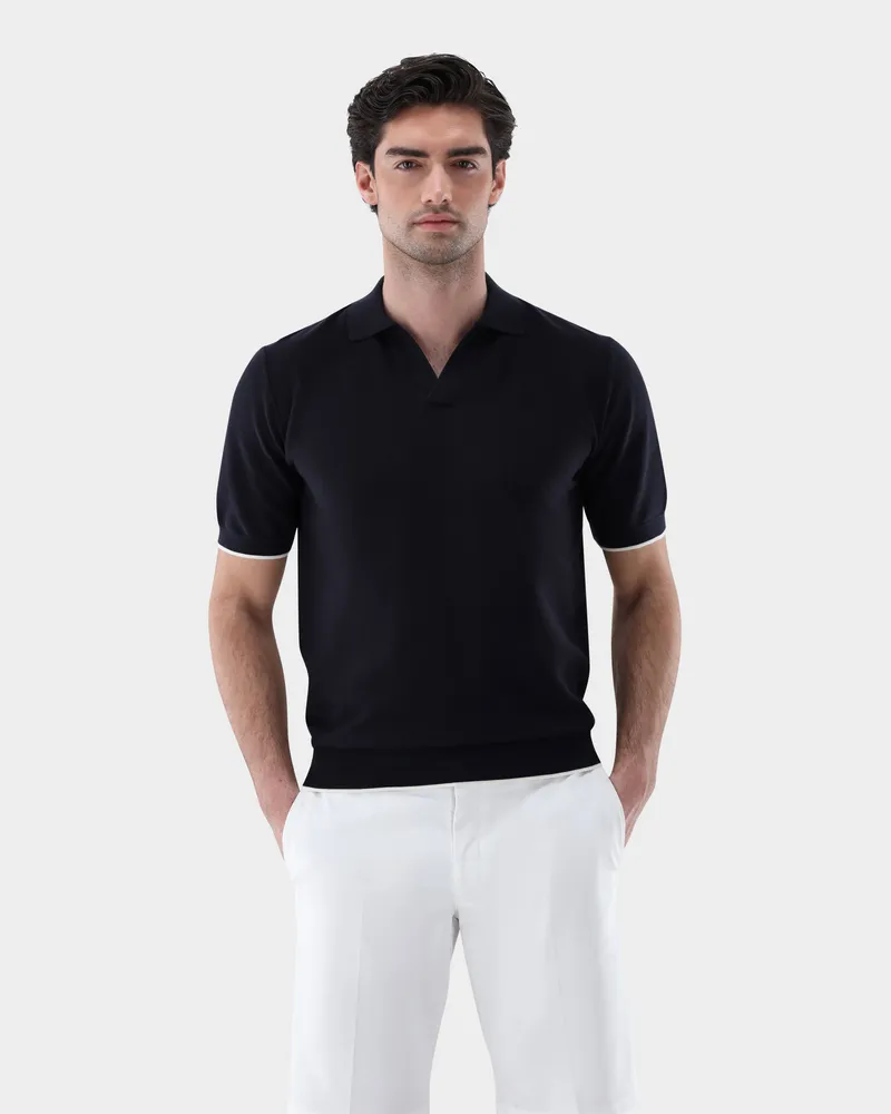 van Laack V-Polo gestrickt mit feiner Struktur Blau