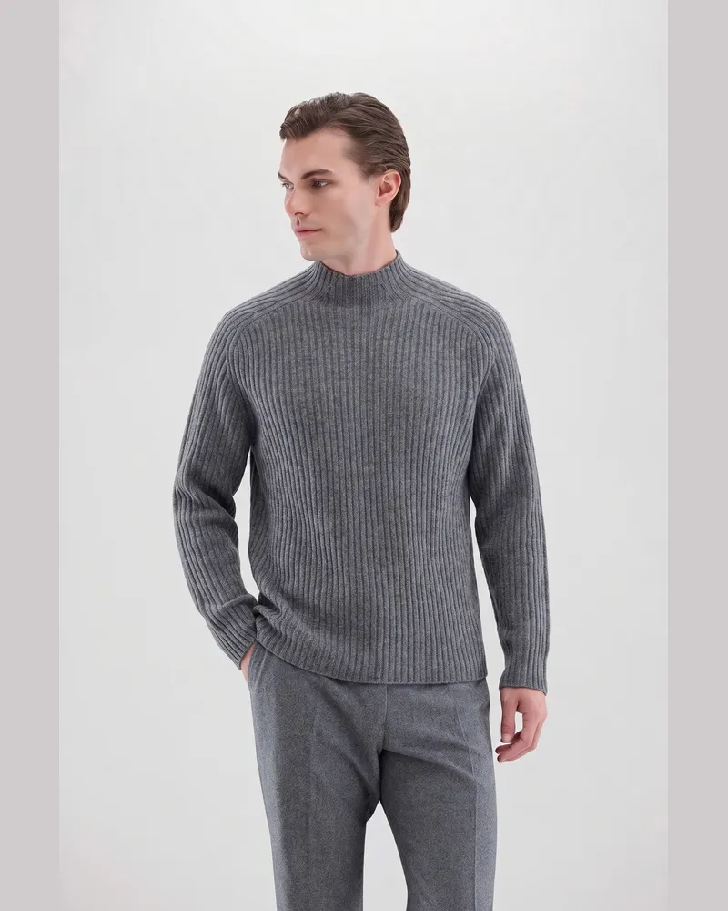 van Laack Stehkragenpullover gerippt mit Wolle und Kaschmir Grau