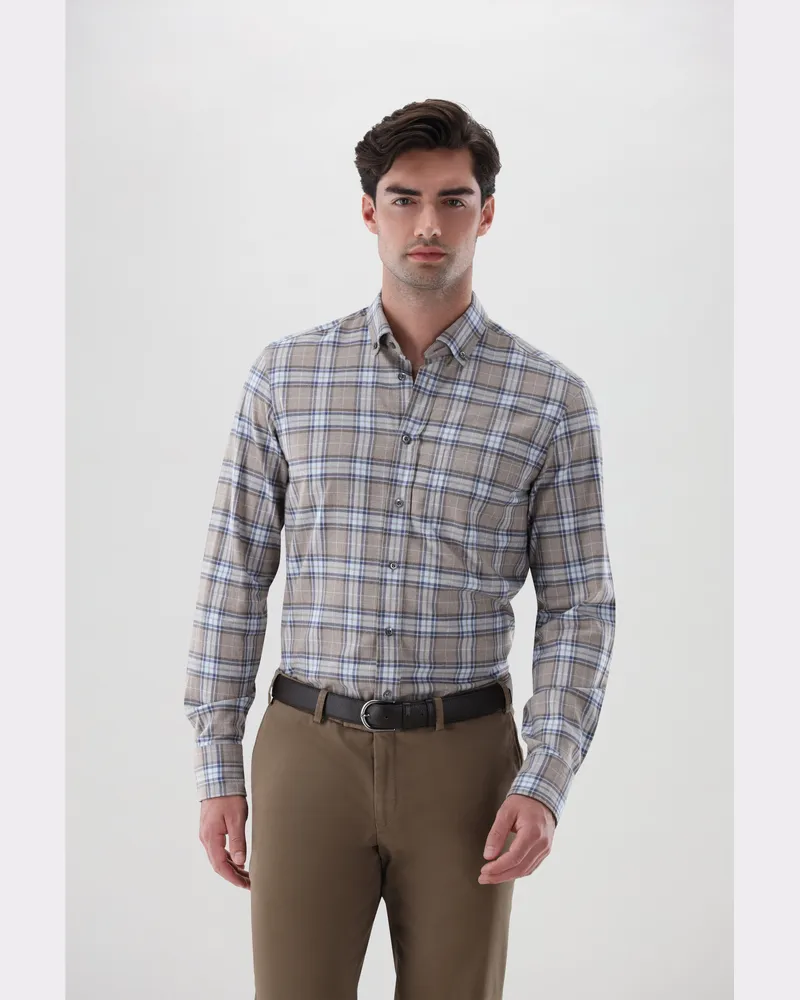 van Laack Kariertes Flanellhemd mit Button-Down-Kragen Beige