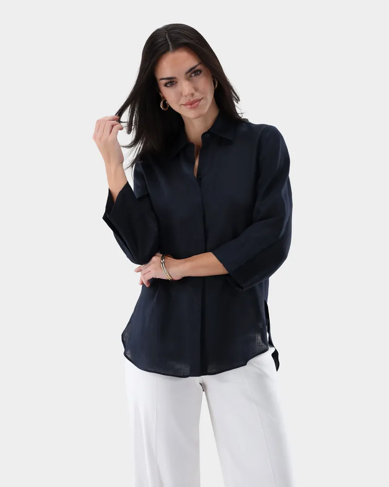 van Laack Hemdbluse aus Leinen mit Seitenschlitzen Blau