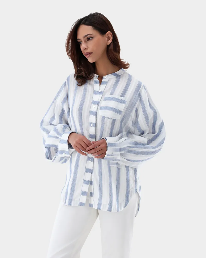 van Laack Gestreifte Oversize Bluse aus Leinen Weiß