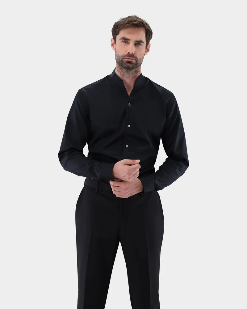 van Laack Stehkragenhemd aus bügelfreiem Twill Gewebe Schwarz