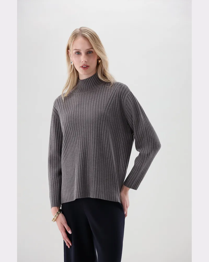 van Laack Stehkragenpullover aus Rippstrick Beige