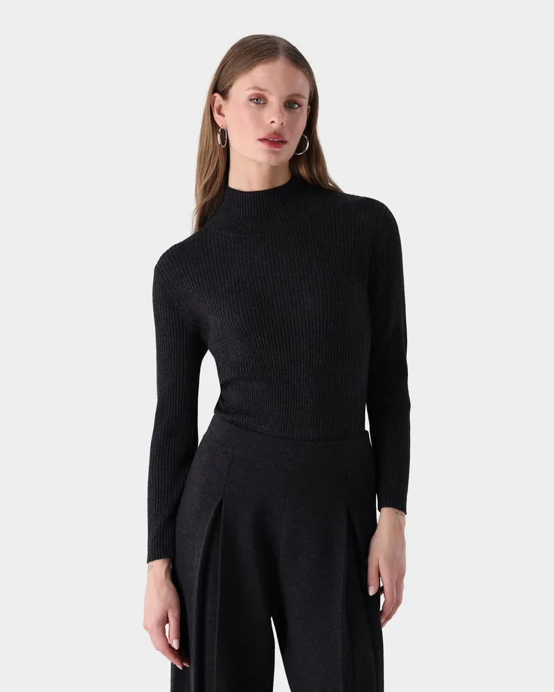 van Laack Gerippter Stehkragen-Pullover aus ultrafeiner Merinowolle Grau