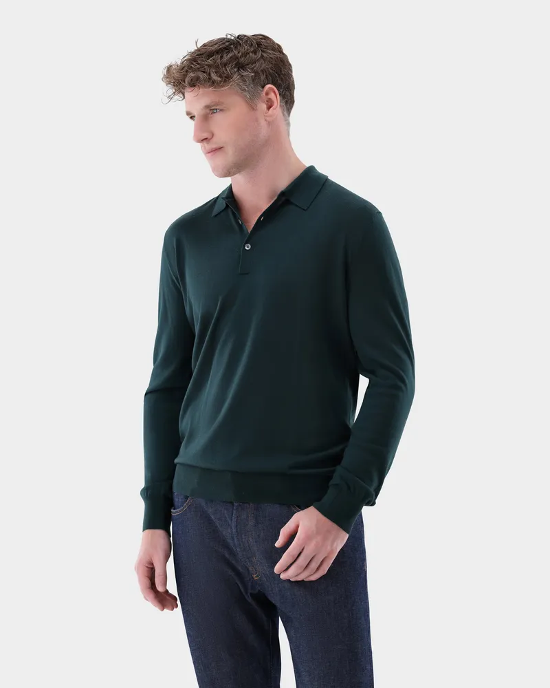 van Laack Strick Poloshirt langarm aus ultrafeiner Merinowolle Grün