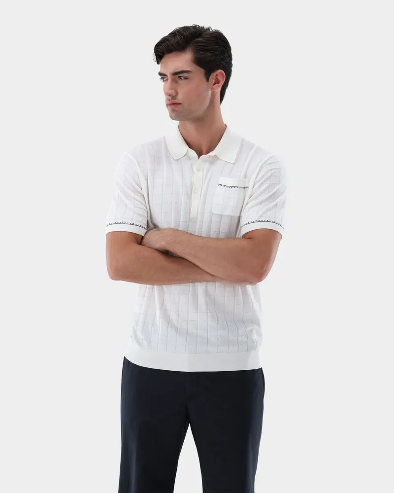 van Laack Strick Poloshirt mit Jacquard Karomuster Weiß