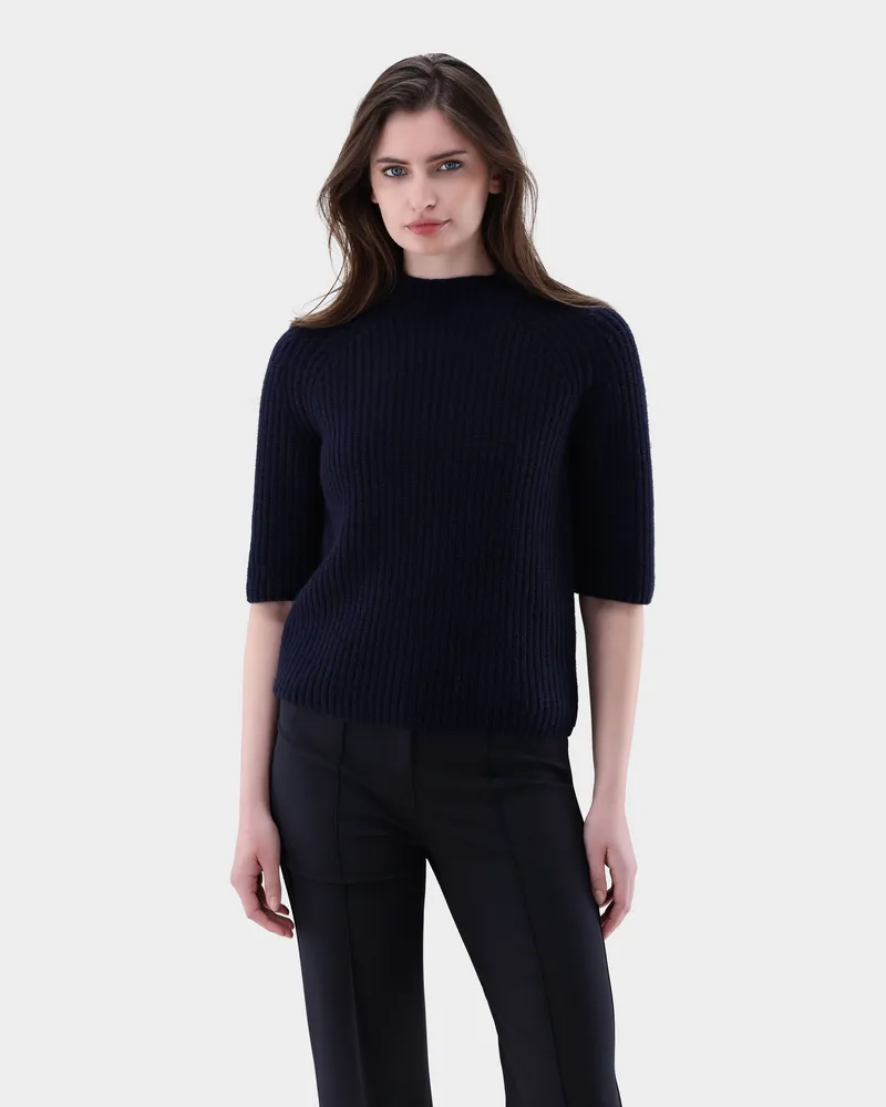 van Laack Stehkragenpullover mit kurzen Ärmeln Blau