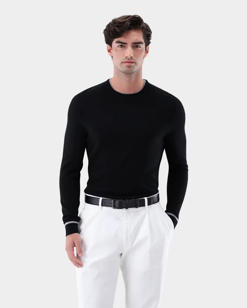 van Laack Rundhalspullover aus merzerisierter Merinowolle mit Farbdetail Schwarz