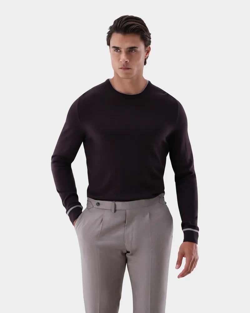 van Laack Rundhalspullover aus merzerisierter Merinowolle mit Farbdetail Rot