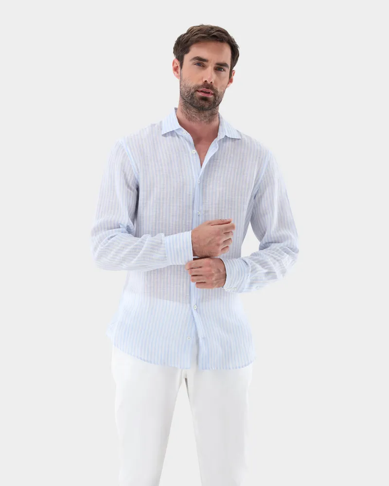 van Laack Gestreiftes Leinenhemd Tailor Fit Blau