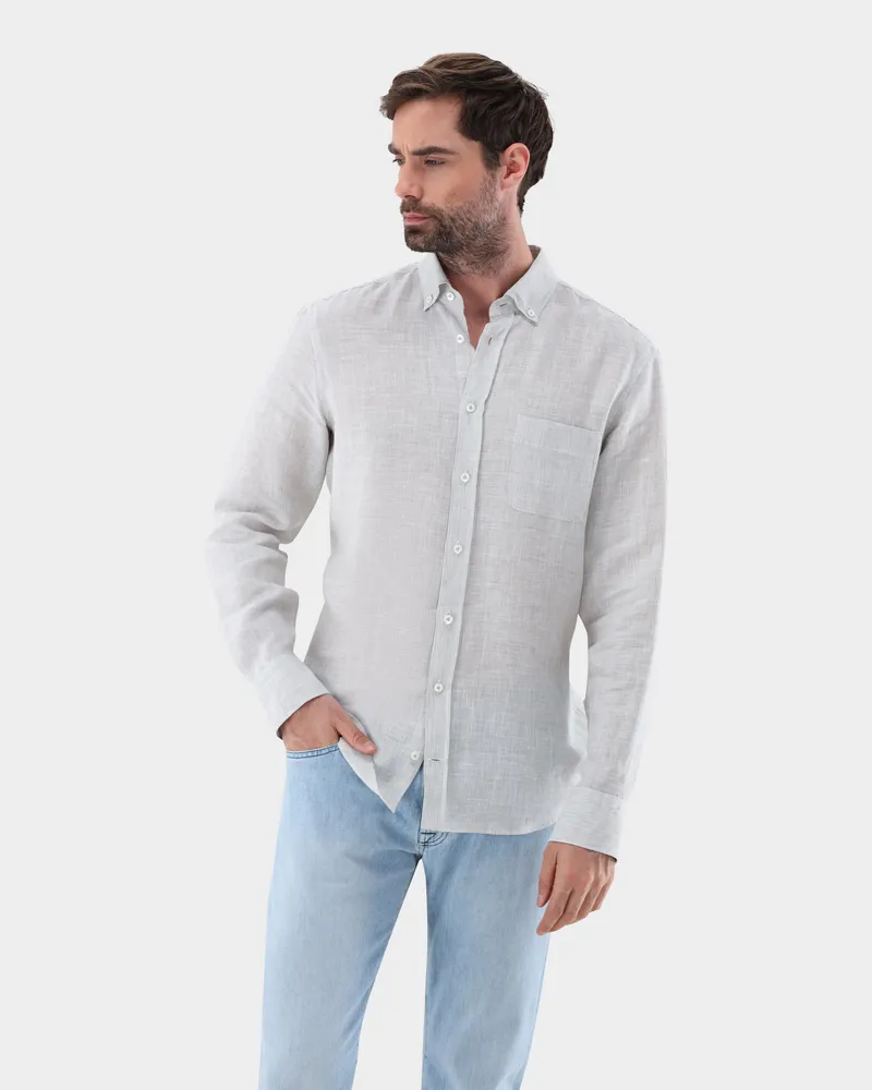 van Laack Gestreiftes Button Down Leinenhemd Tailor Fit Grün