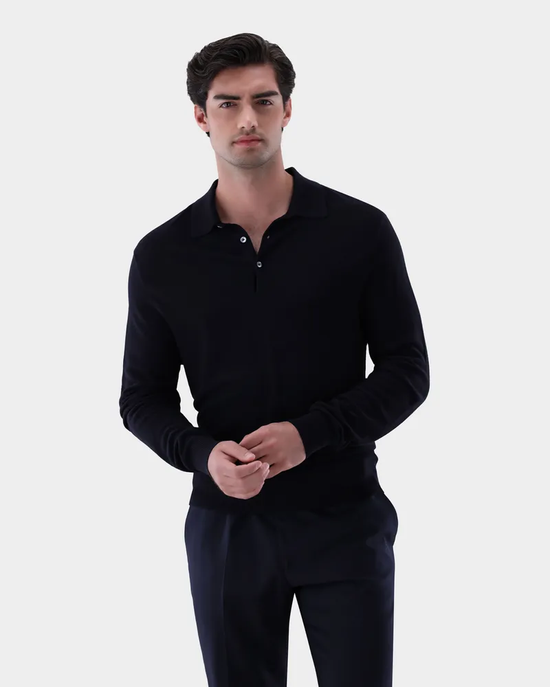 van Laack Poloshirt gestrickt mit Langarm un Reiskorn-Struktur Blau