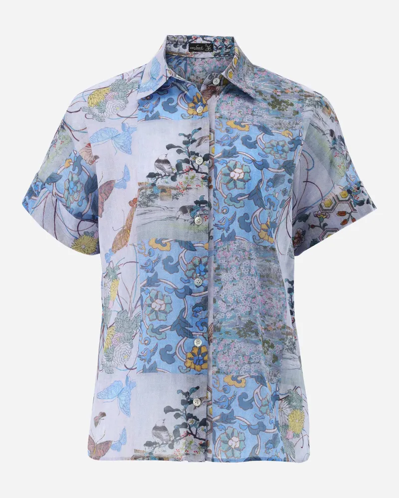 van Laack Hemdbluse kurzarm mit Patchwork-Print Blau