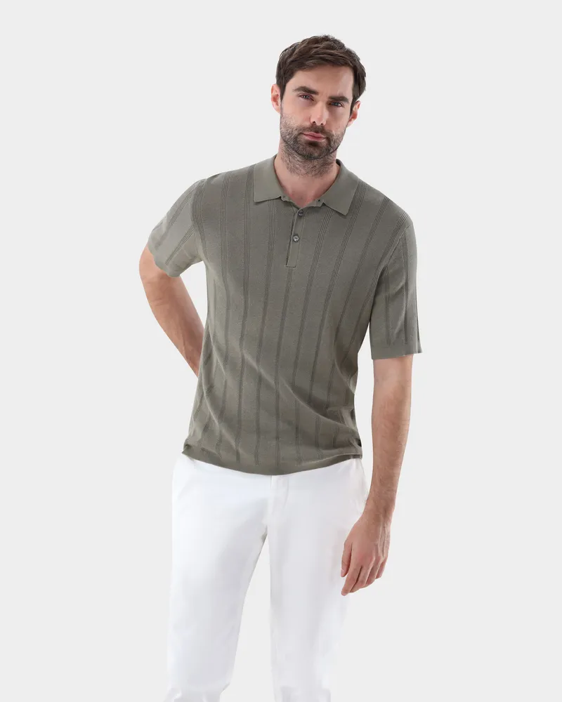 van Laack Strick Poloshirt mit Jacquard Streifen Grün