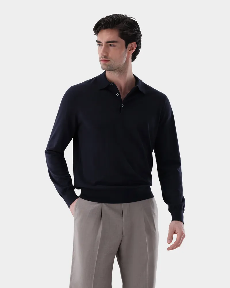 van Laack Langarm Strick-Poloshirt mit Baumwolle und Seide Blau