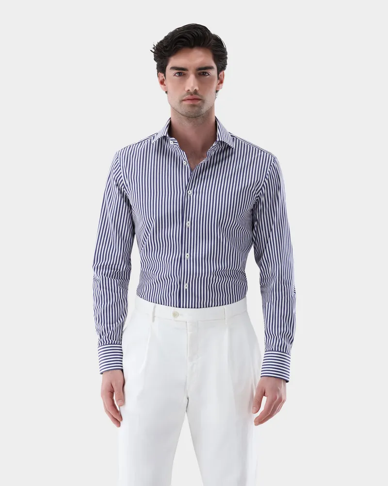 van Laack Gestreiftes Hemd aus Popeline mit Haifischkragen Blau