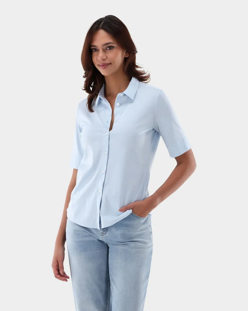van Laack Kurzarm Jersey Hemdbluse aus Schweizer Baumwolle Blau