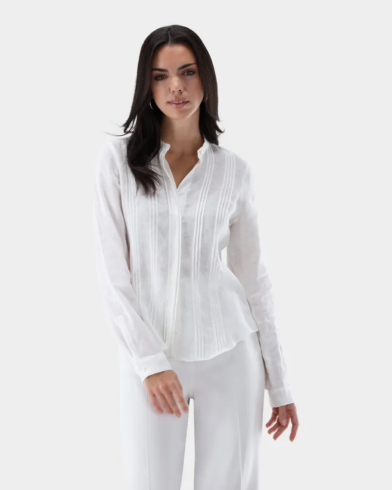 van Laack Stehkragenbluse aus Leinen mit Falten Cremefarben