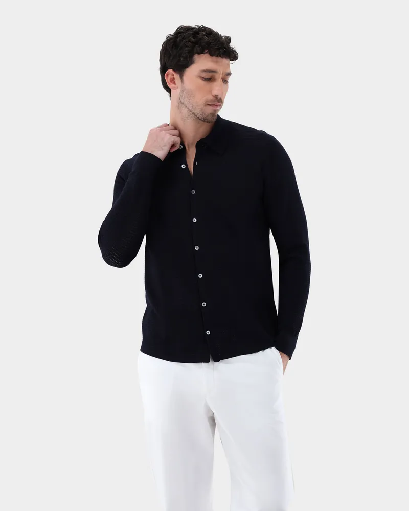 van Laack Strickhemd mit Retro Struktur aus Air Cotton Blau