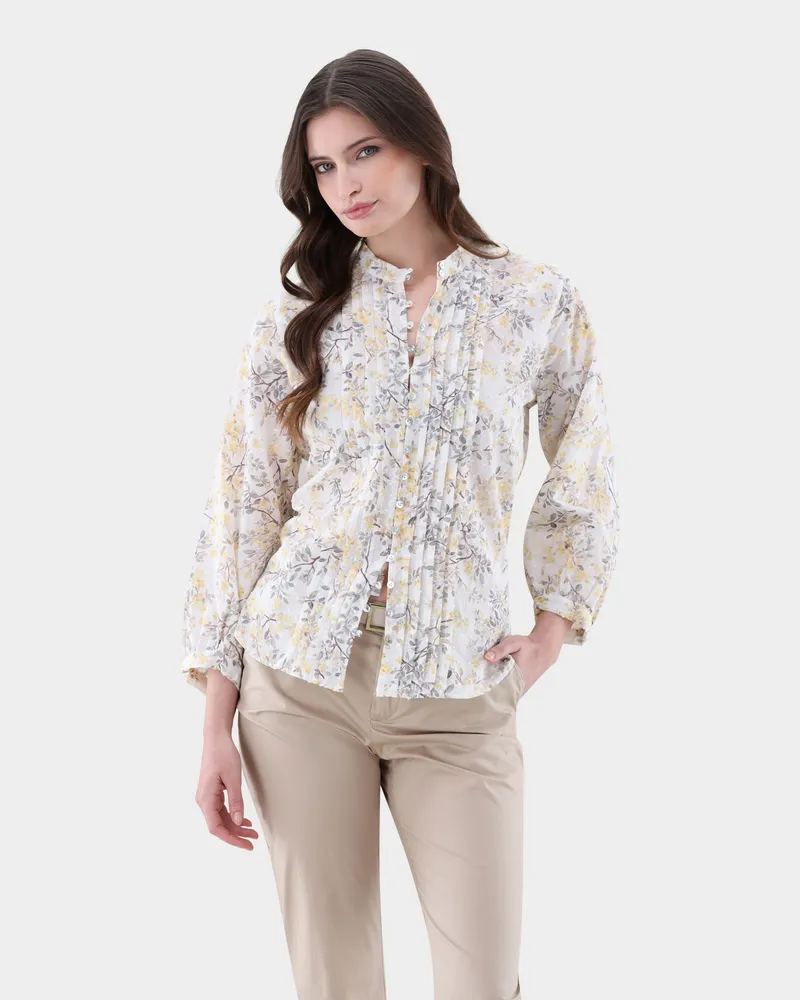 van Laack Stehkragenbluse mit Biesen an der Vorderseite Beige