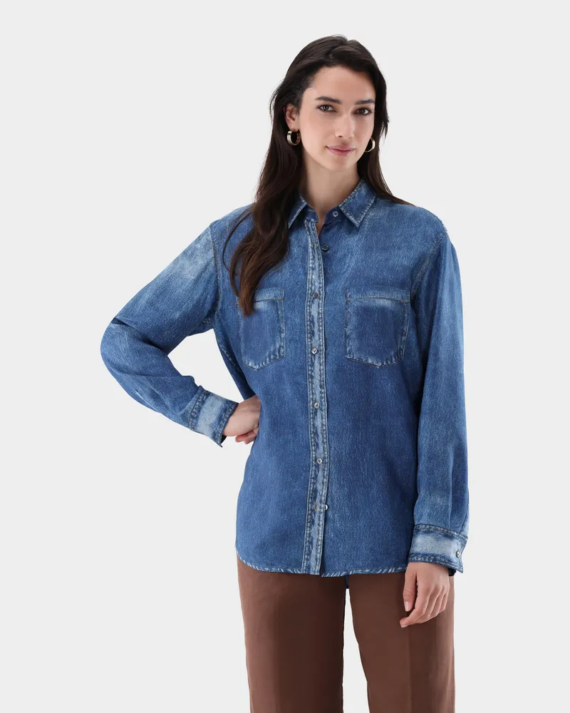 van Laack Hemdbluse aus Seide mit Denim-Print Blau