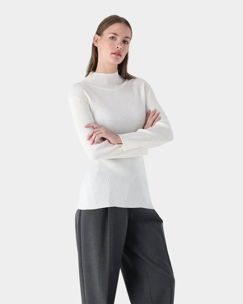 van Laack Gerippter Stehkragen-Pullover aus ultrafeiner Merinowolle Cremefarben