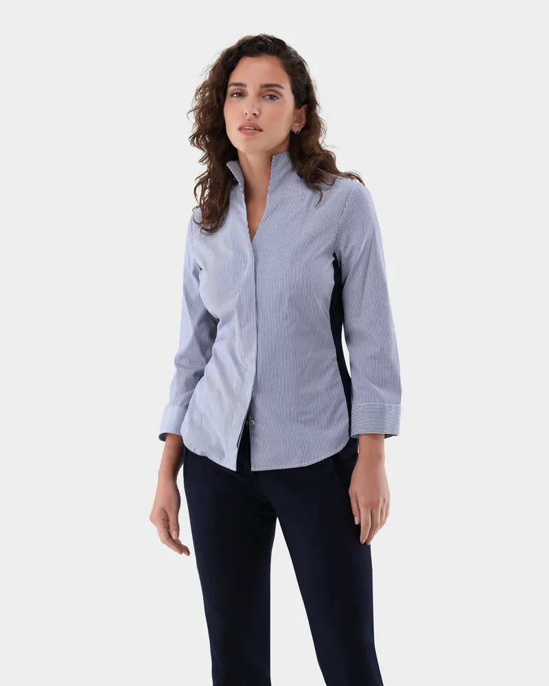 van Laack Gestreifte Hybridbluse mit seitlichem Jerseyeinsatz Blau