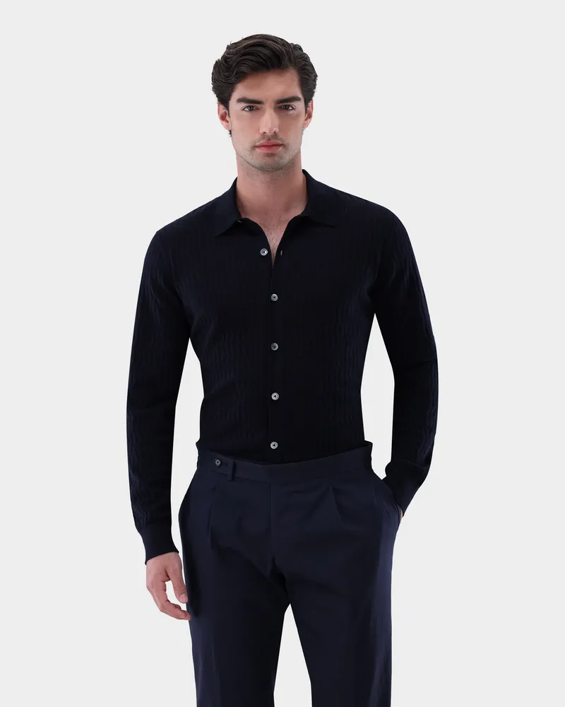 van Laack Strickhemd mit Strukturmuster aus Winter Cotton Blau