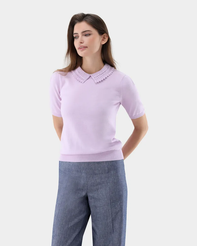 van Laack Strick Poloshirt mit Häkel-Kragen Lila